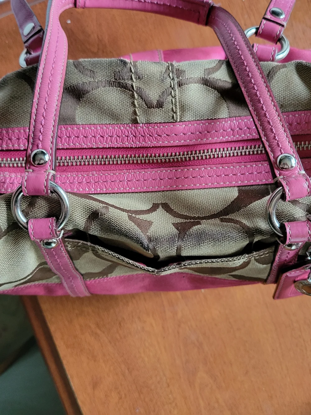 Coach Brown Logo Satchel with Pink Leather Trim